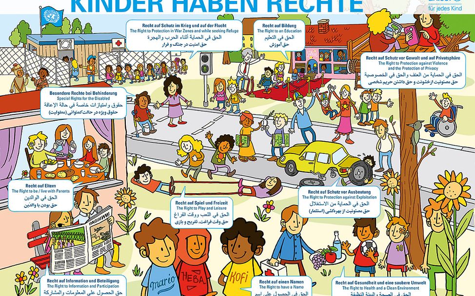 Kinder haben Rechte - Wimmelposter mit den zehn wichtigsten Kinderrechten auf Deutsch, Englisch, Farsi und Arabisch