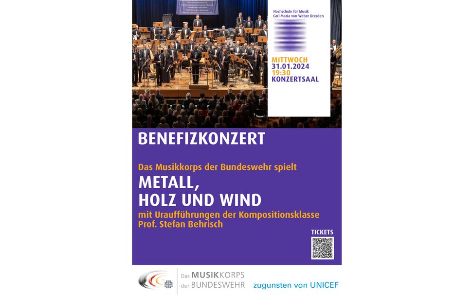 Benefizkonzert zugunsten UNICEF: Metall, Holz und Wind - Musikkorps der Bundeswehr in Dresden -  Mi, 31. Januar 2024, 19:30 Uhr