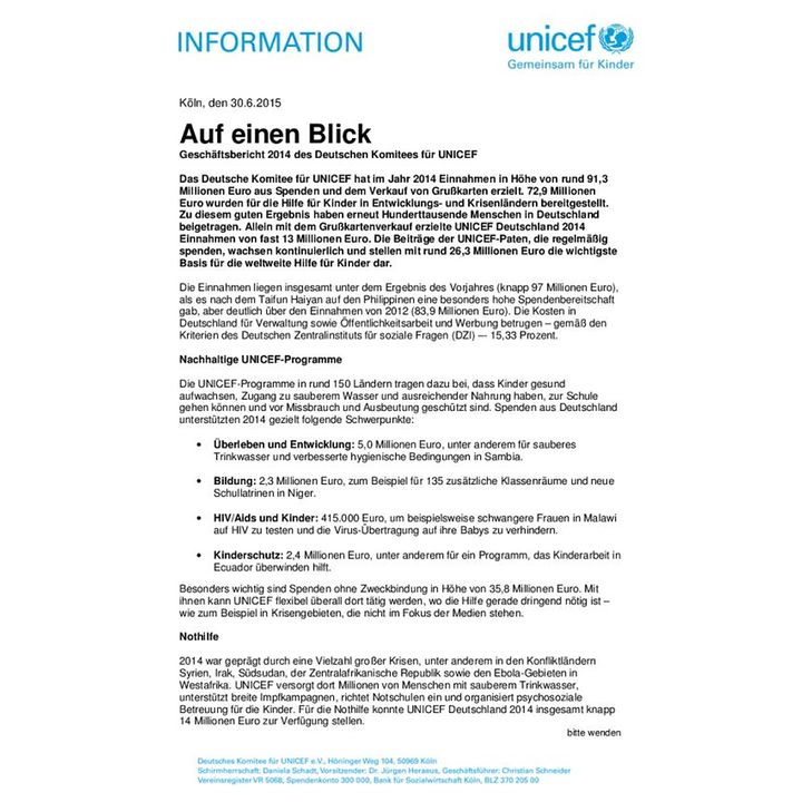 Auf einen Blick - UNICEF-Geschäftsbericht 2014 Vorschau